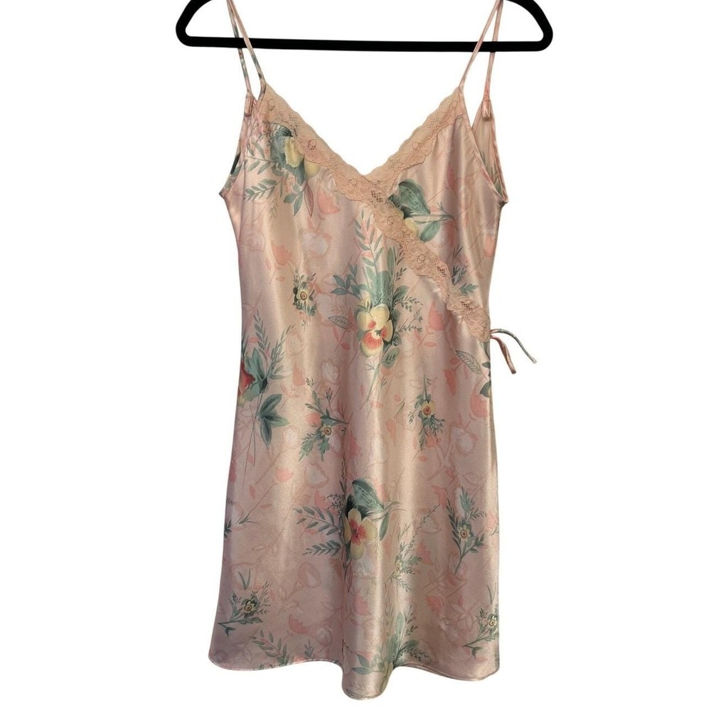 Vintage 90s Pink Floral Satin Slip Dress XS Open Back Lace Mini Nightgown Fairy